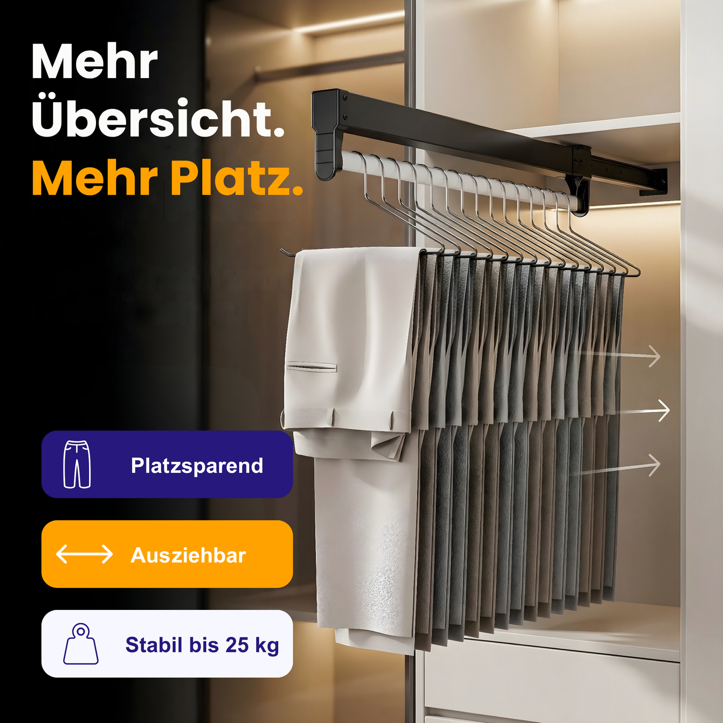 Ausziehbarer Hosenhalter für Kleiderschränke – Mehr Übersicht im Schrank